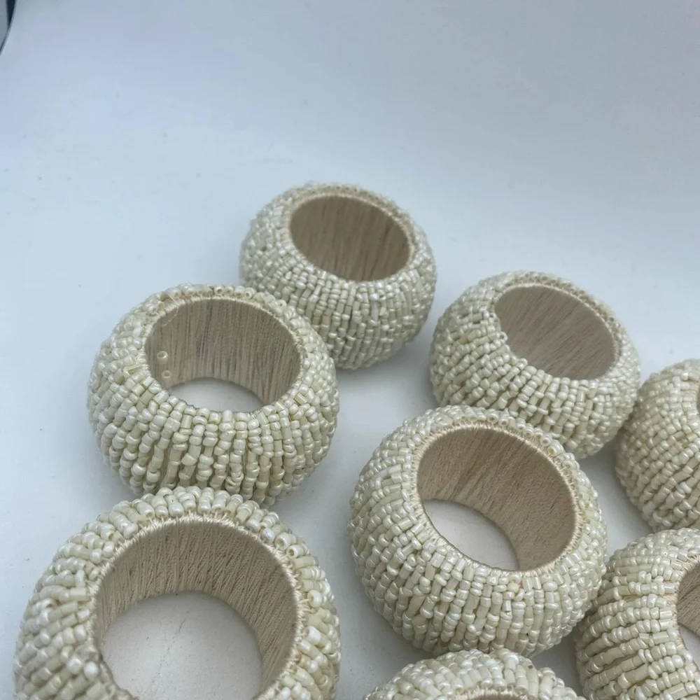 VTG Set Of 9 Beaded Cream Color Chunky Napkin Rings Holders